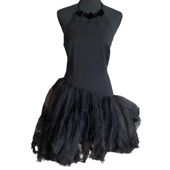 Edge Tulle Black Dress M Halter Neck Open Back Balletcore Fairy Whimsygoth Sexy - Picture 11 of 12
